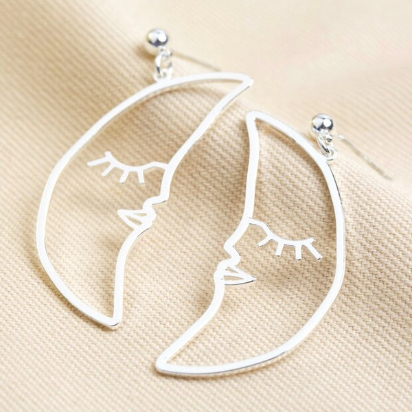 Sleeping Crescent Moon Face Earrings In Silver