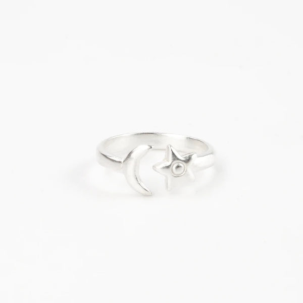 Silver Moon And Star Adjustable Ring