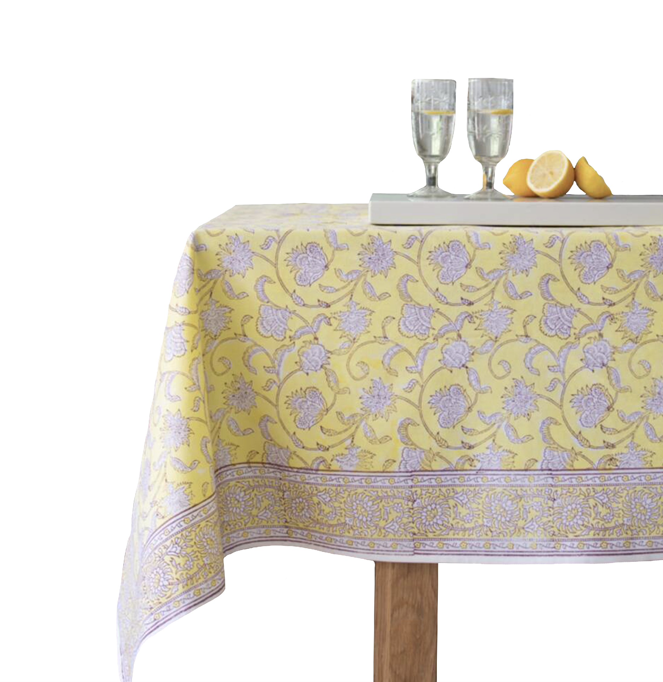 Grand Illusions Lemon Cotton Hand Block Print Tablecloth