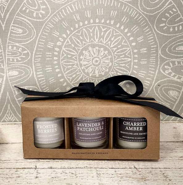 The Country Candle Company - Votive Set Of 3 Pastel Candles, Charred Amber, Lavender & Patchouli, Frosted Berries