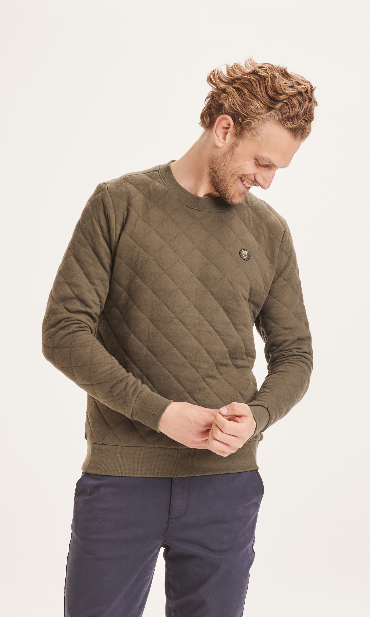 Knowledge Cotton Apparel  Elm Quilted Sweat with Badge - Forrest Night
