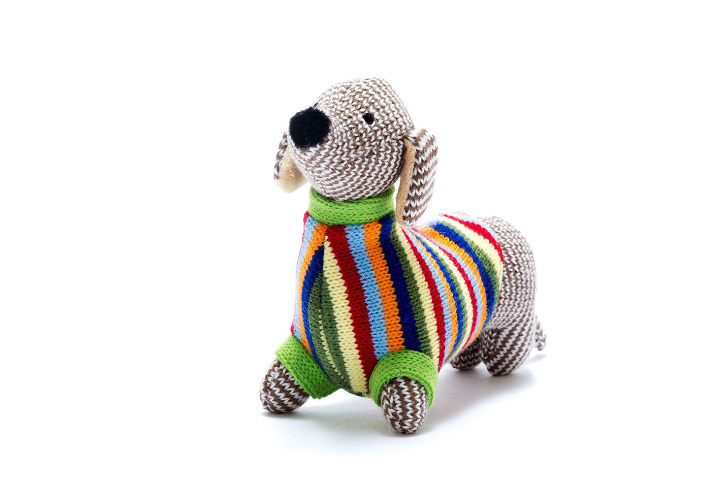 Best Years Knitted Sausage Dog Baby Rattle in Rainbow Jumper