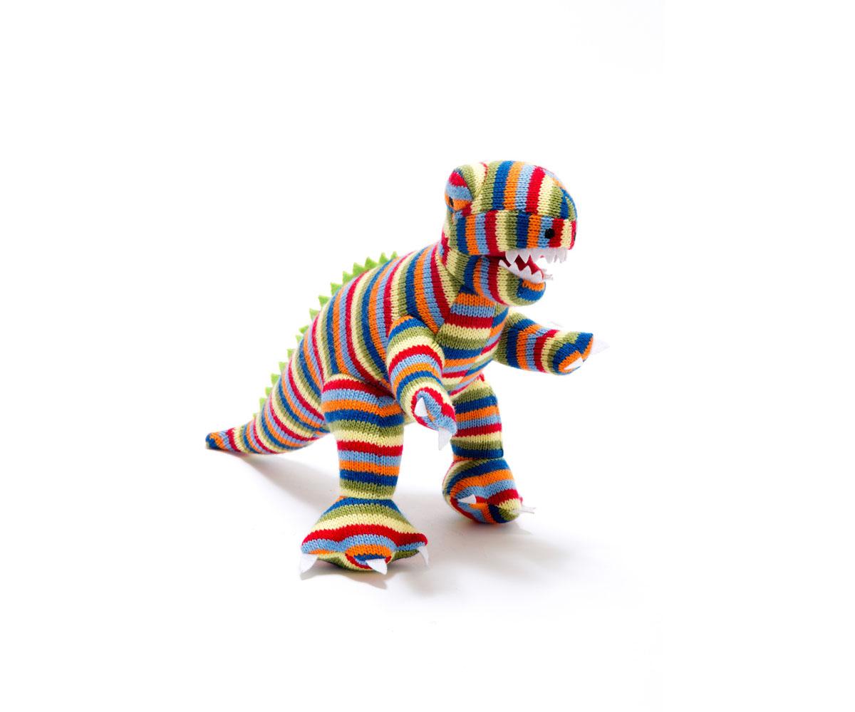 Best Years Knitted T Rex Soft Toy in Rainbow Stripe