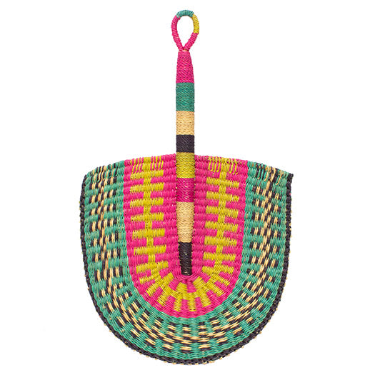 Ghanaian Woven Grass Fan 'Lime Tracks&#x27