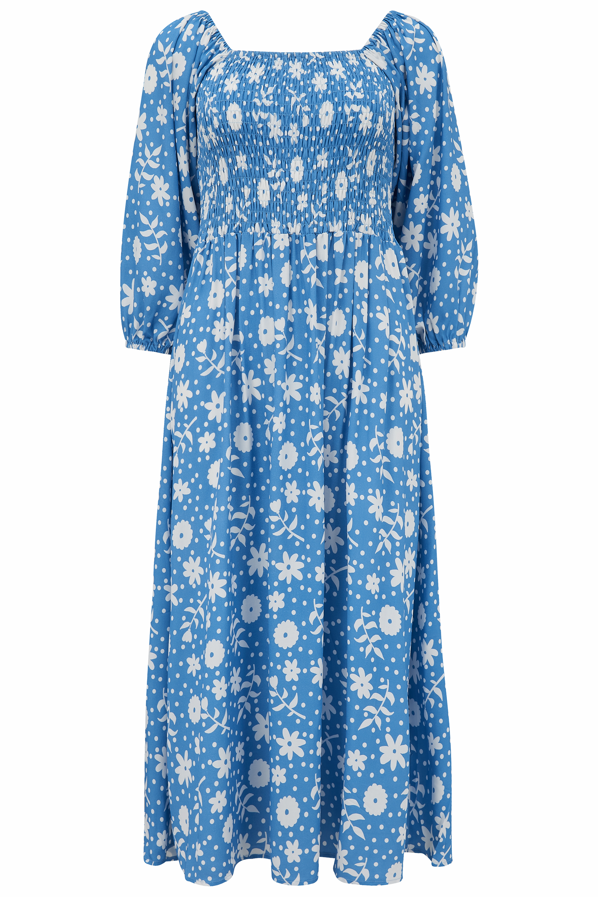 Sugarhill Brighton Raquel Shirred Dress - Blue, Vintage Block Floral
