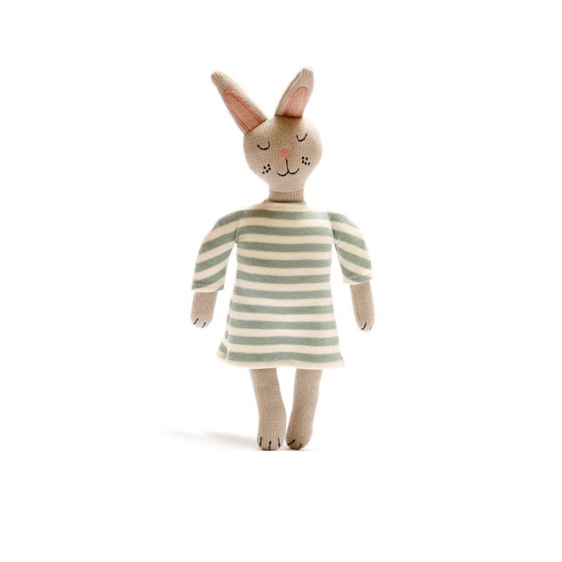 Knitted Organic Cotton Teal Bunny Doll In Stripe Dress
