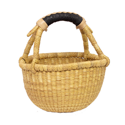 Ghanaian Bolga Shopping Basket With Leather Handle 'Biscotti&#x27