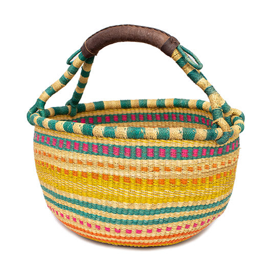 Ghanaian Large Bolga Shopping Basket With Leather Handle 'Ocean Hues&#x27