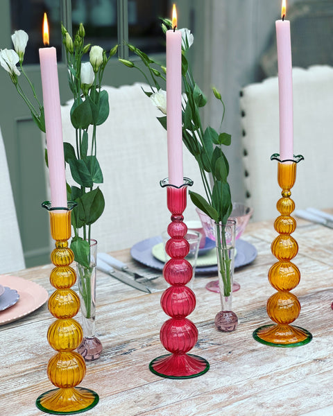 Glass Candle Holder - Tall Bobble Colour Trim