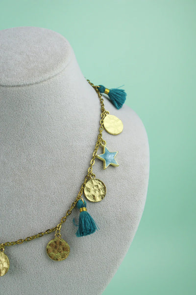 Water Blue Star coin &amp; Tassel Necklace IV7084