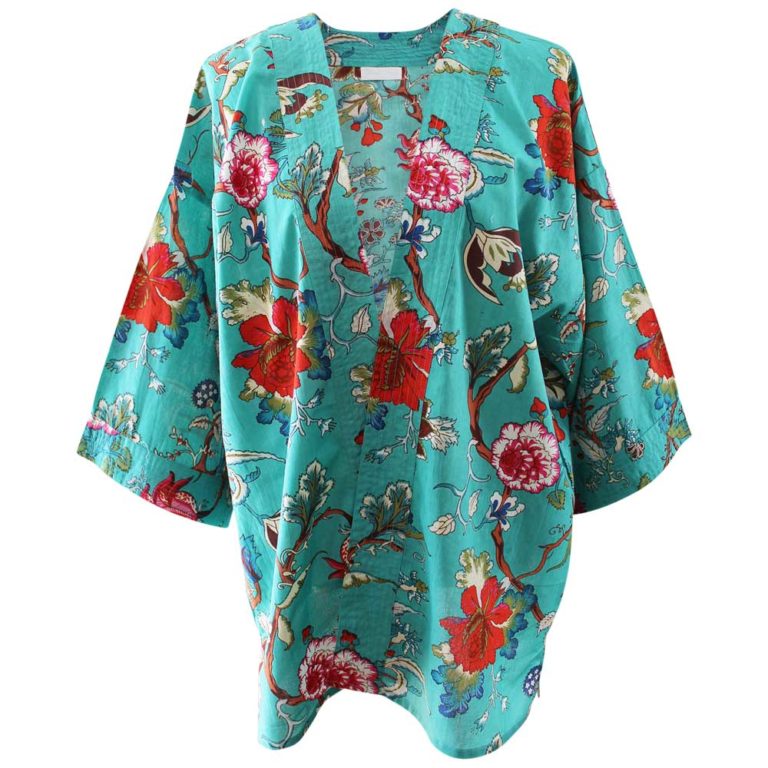 Powell Craft Teal Exotic Flower Print Cotton Summer Jacket