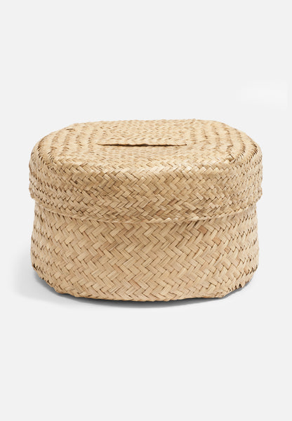 EL PUENTE Round Seagrass Woven Storage Basket With Lid // Flat