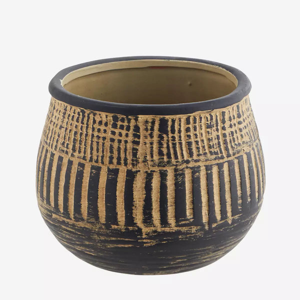 Black and Ecru Etched Plant Pot