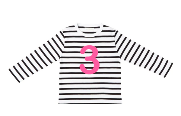 White Black Breton Striped Number Long Sleeved T-Shirt (Pink Number)