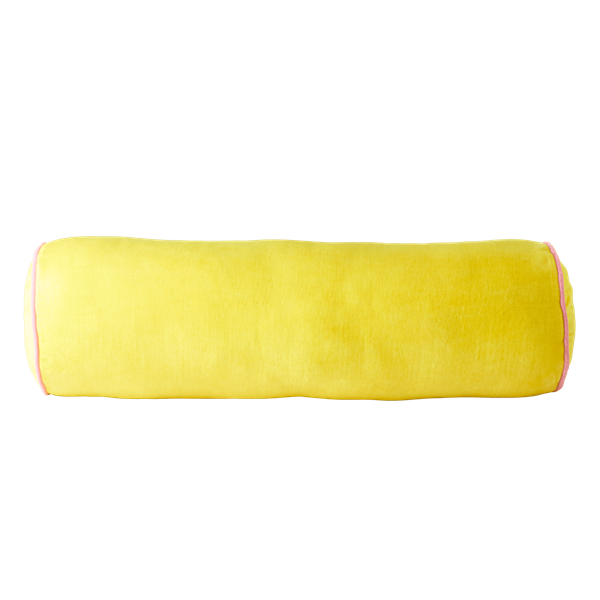 Rice by Rice Soft Velvet Bolster Pillow in Yellow with Pink Piping - Diametre 25, Width 80 cm 