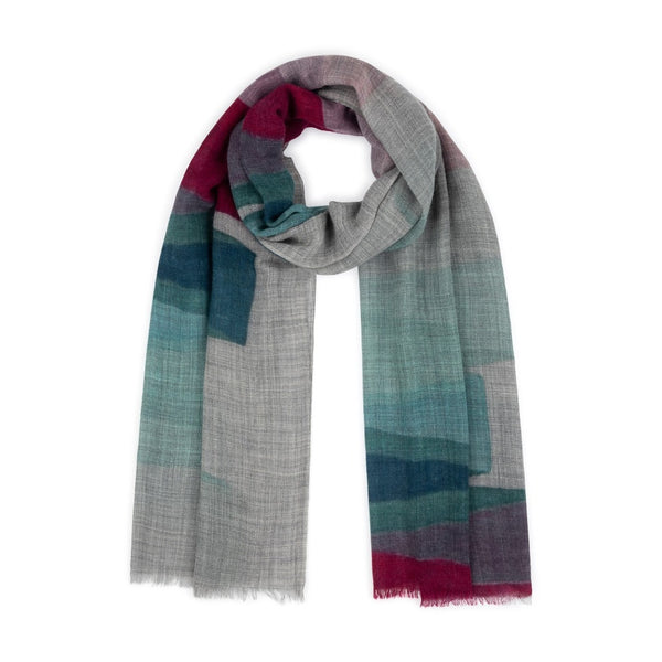 Grey Teal & Pink Ribbon Wool Scarf