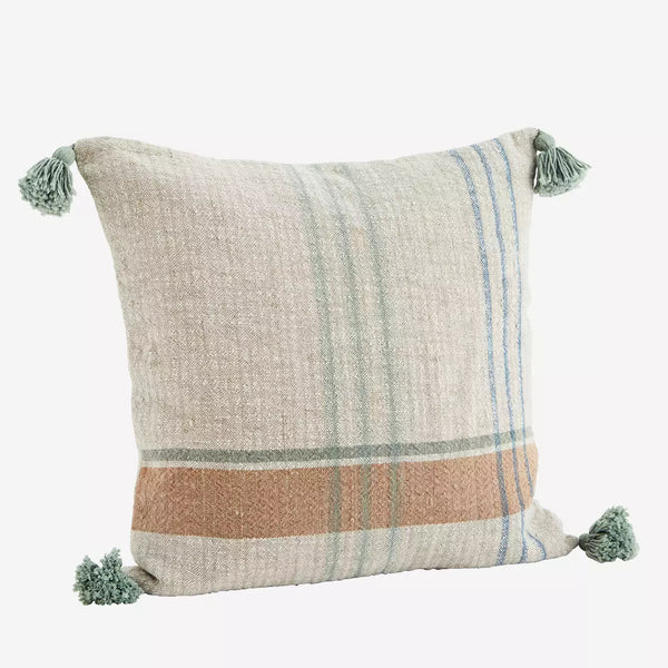 Beige Caramel Green and Blue Woven Cushion Cover with Tassels