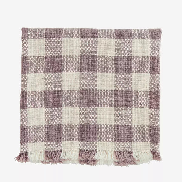 Madam Stoltz Lilac and Ecru Checked Kitchen Towel with Fringes