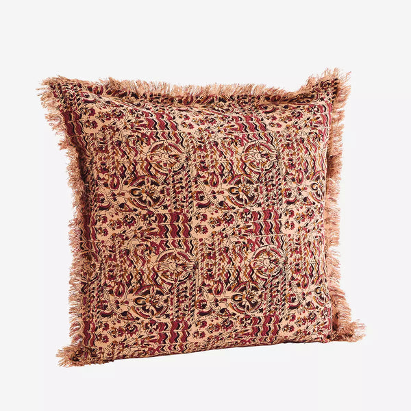 Madam Stoltz Printed Cushion Cover with Fringes - Raspberry & Mustard 
