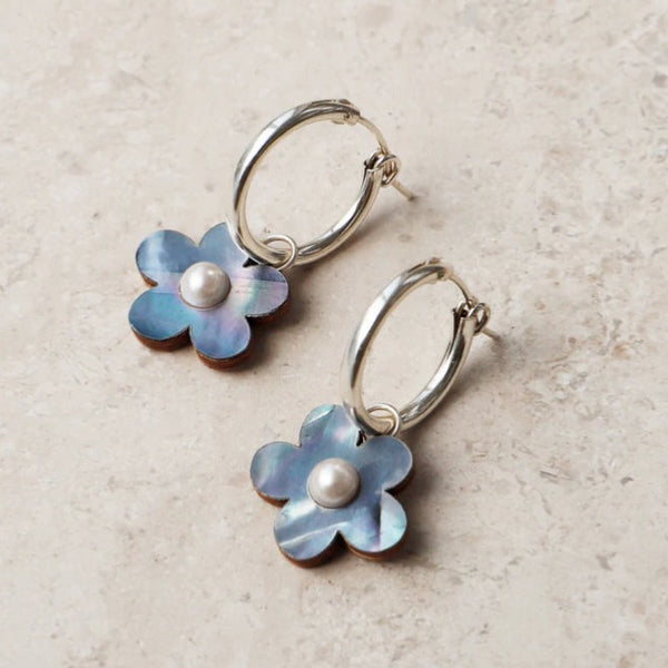 Mini Bloom Hoop Earrings In Blue Pearl By Wolf & Moon