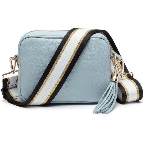 Cross Bag In Powder Blue With Black Gold And Cream Stripe Strap