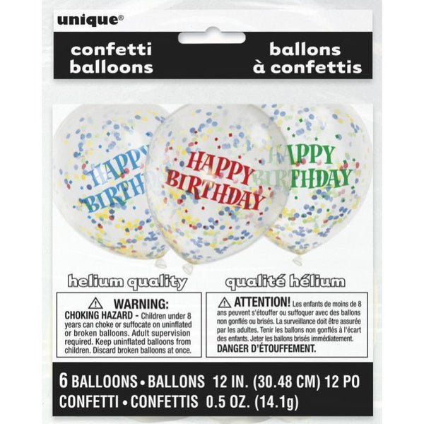 Unique (58113) Assorted Happy Birthday Confetti Balloons 6pcs