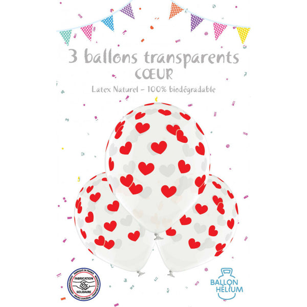 cotillons Alsace 3 Ballons Latex Transparents Coeur 30 Cm