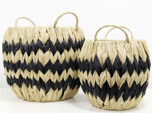 2pc Black And Natural Zigzag Straw Baskets