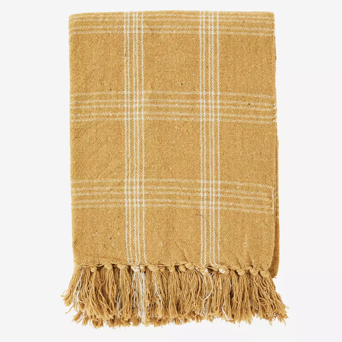 Mustard and Off White Checked Throw with Fringes