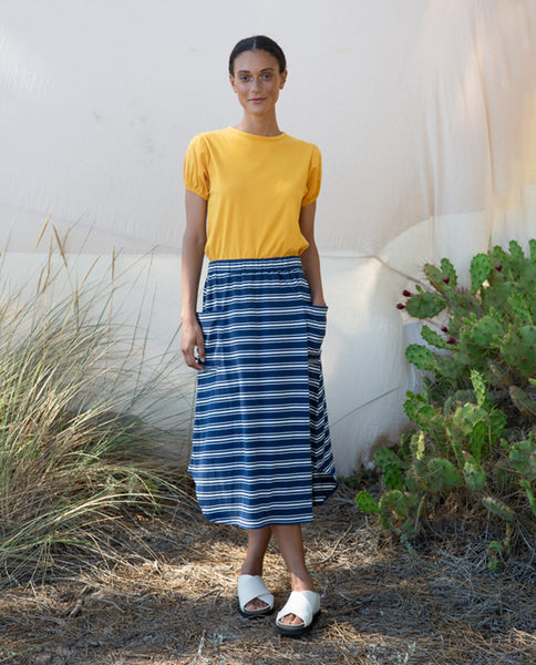 Beaumont Organic Ss23 Allegra-sue Organic Cotton Skirt In Indigo & White Stripe