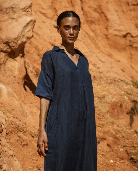 Beaumont Organic Ss23 Cecily-may Organic Cotton And Linen Dress In Indigo