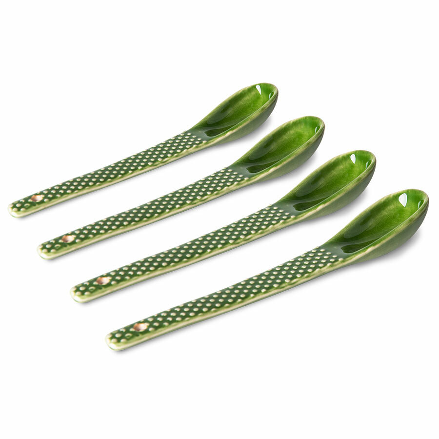 HK Living The emeralds: ceramic spoon textured, green (set of 4) , 15,5x2,5x2cm