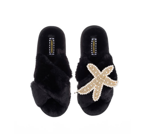 Black Slippers With Gold Starfish