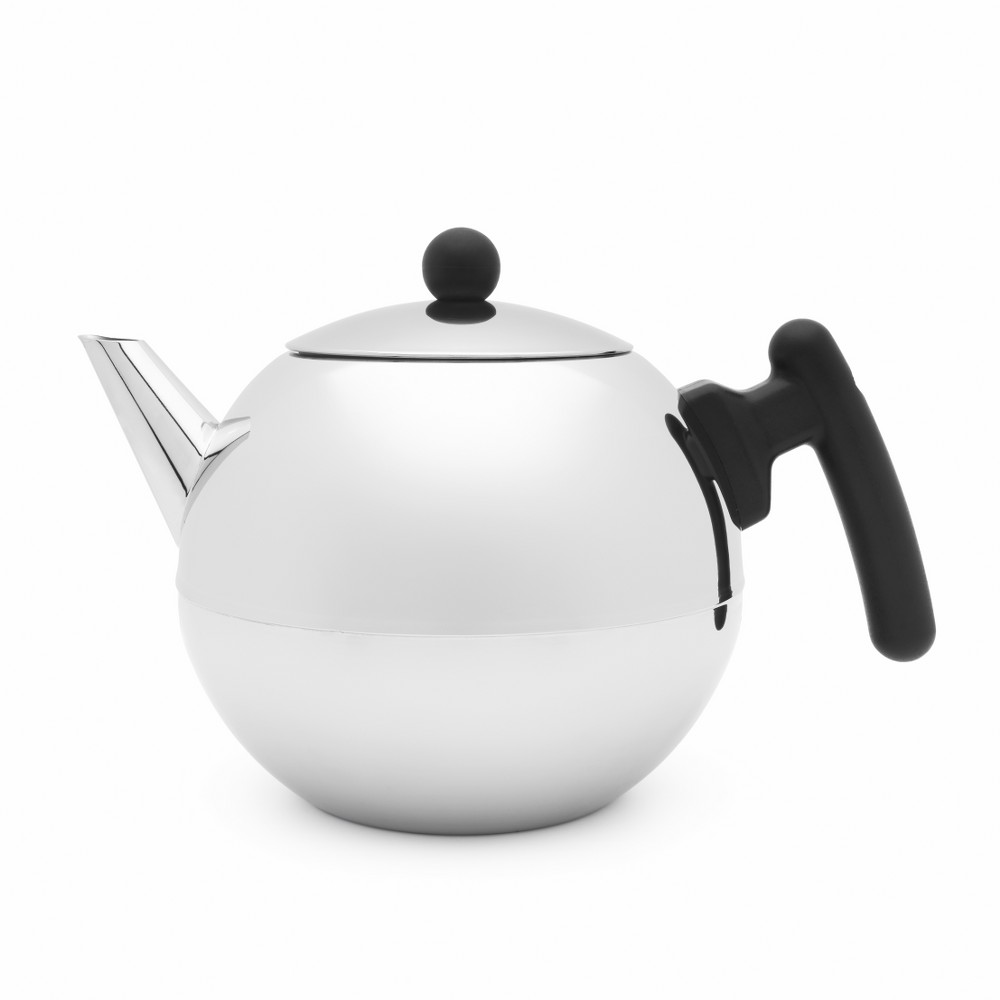 Bredemeijer Bredemeijer Teapot Double Wall Bella Ronde Design 1.2l In Polished Steel Finish With Flat Base  &  Black Fittings