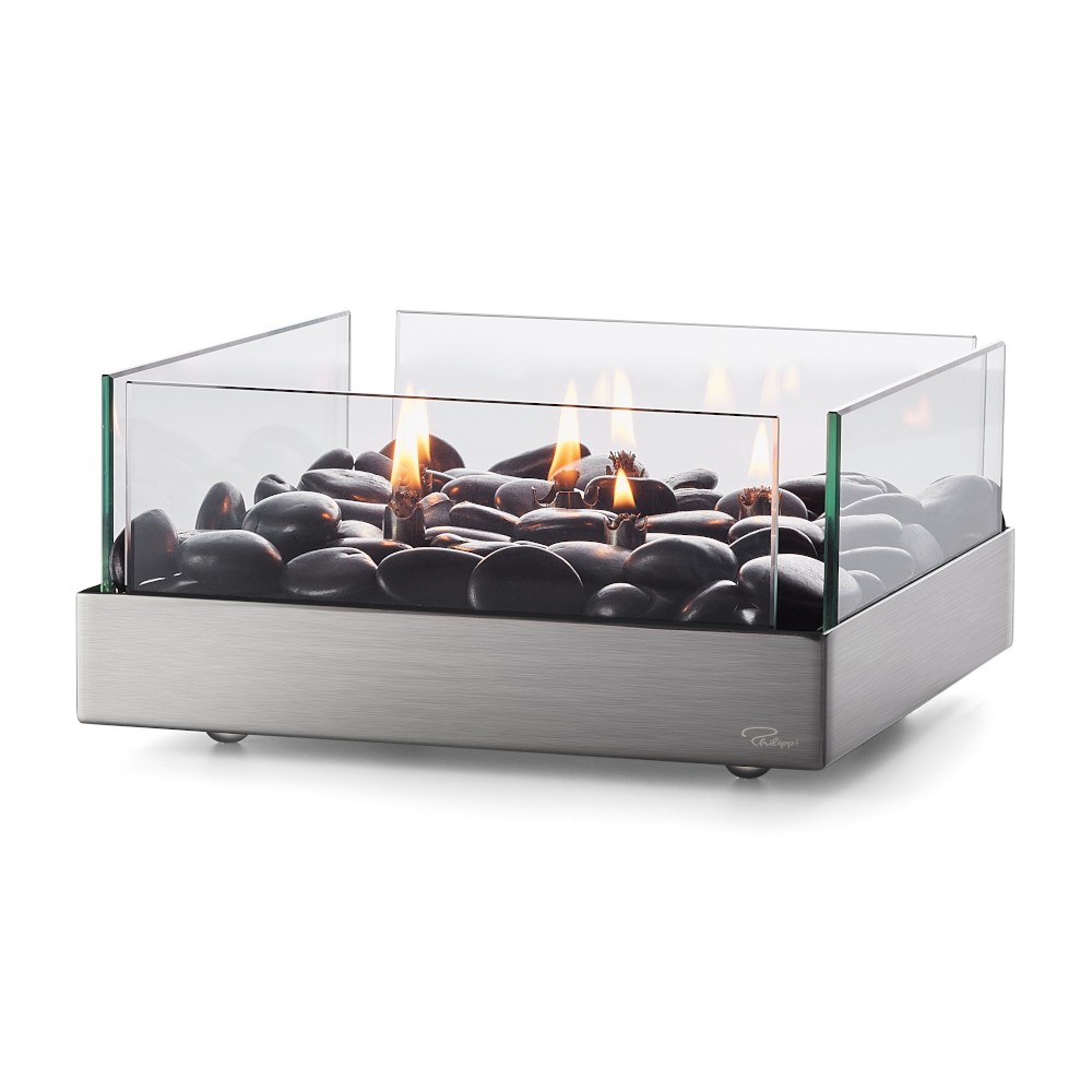 Philippi Philippi Fireplace Stainless Steel Oil Lamp In Square Design With Riverstones And Wicks