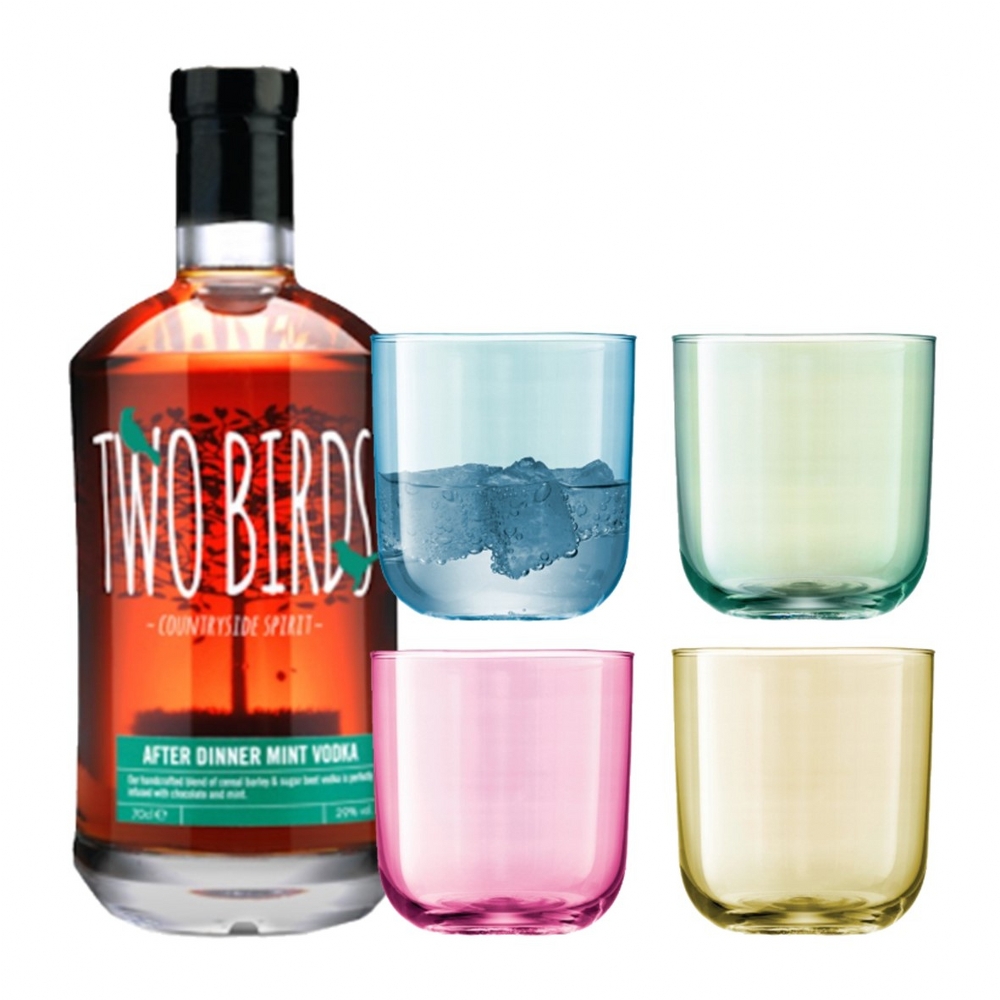 Polka Tumbler 420ml Pastel Assorted 4 Pieces with a Two Birds Countryside Spirits After Dinner Mint Vodka