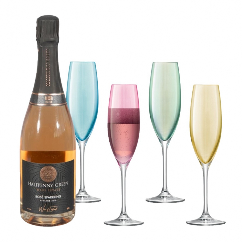 Polka Champagne Flute 225ml Pastel Assorted 4 Pieces with a Bottle of British Halfpenny Green Sparkling Rose Wine 2018