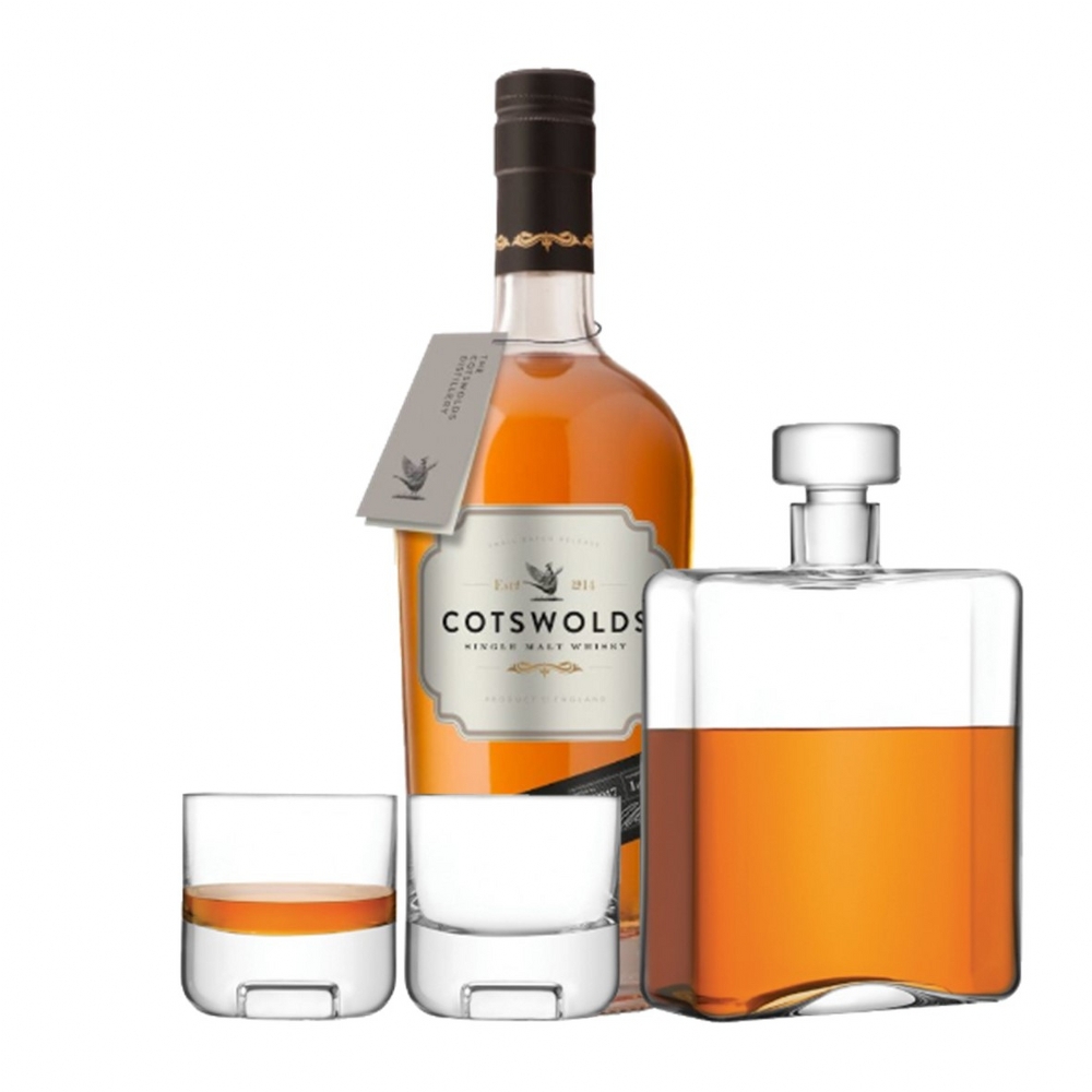 LSA International Cask Whisky Set Clear 1 Decanter + 2 Glasses With A Cotswolds Distillery Single Malt Whisky