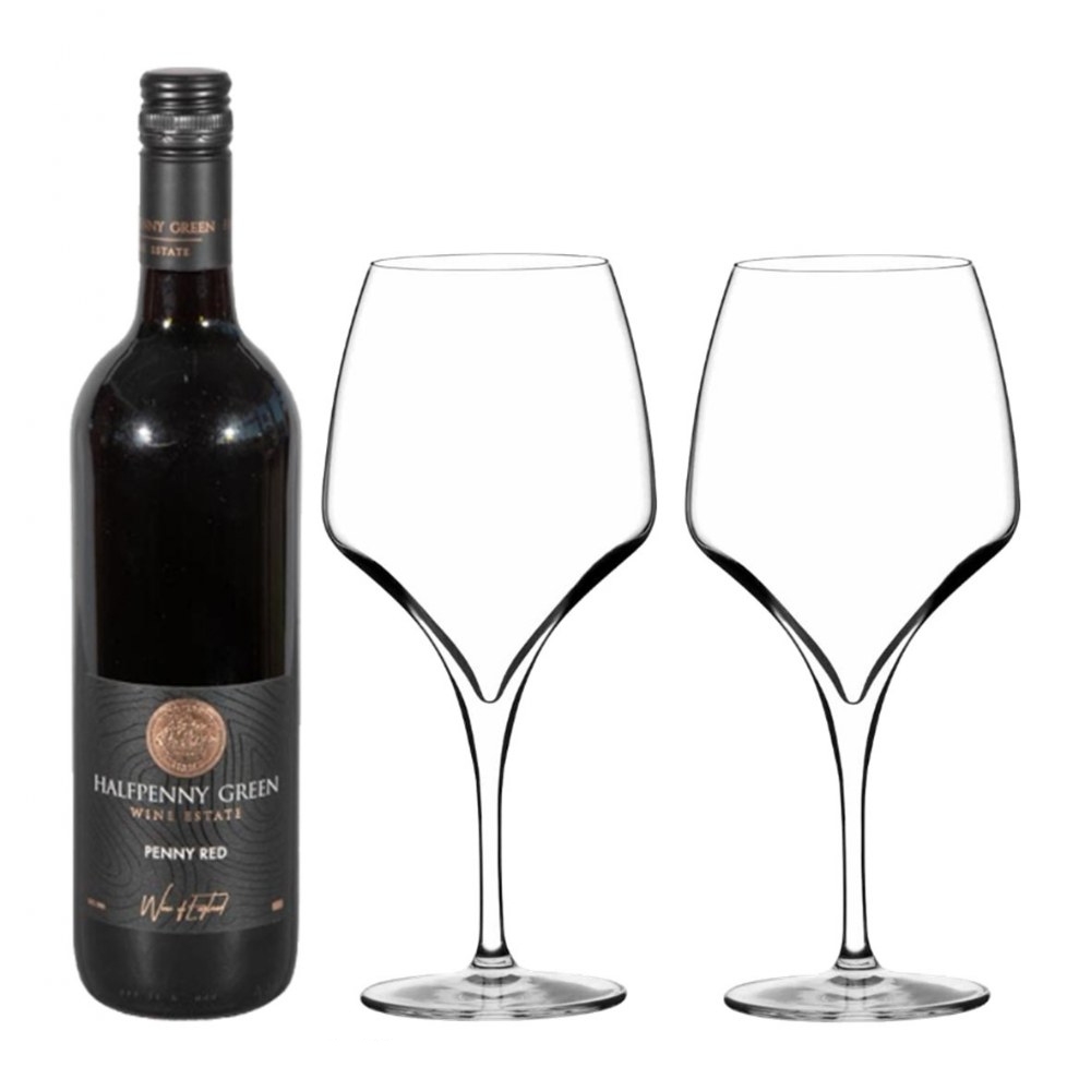Tiburon Red Wine Glass 620cc - Set Of 2 With A Bottle Of British Halfpenny Green Penny Red Nv Red Wine