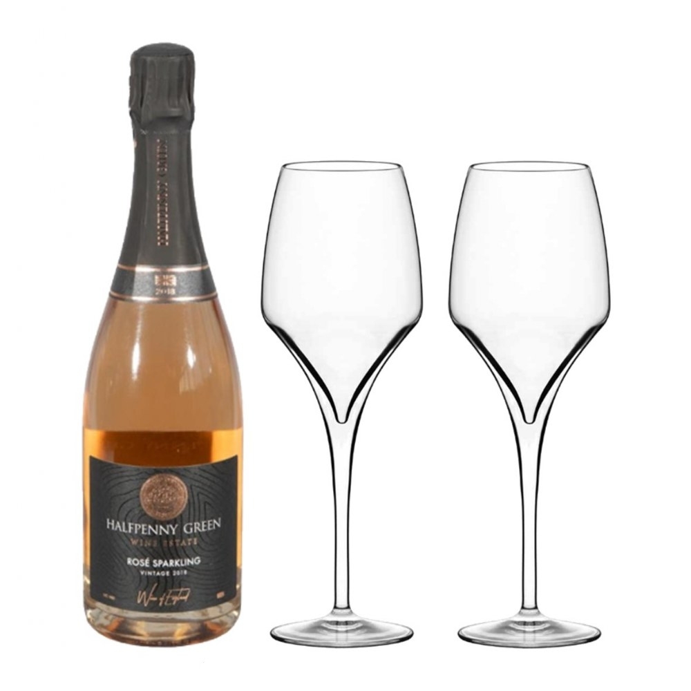 Tiburon Gran Cru Flute 380cc - Set Of 2 With A Bottle Of British Halfpenny Green Sparkling Rose 2018