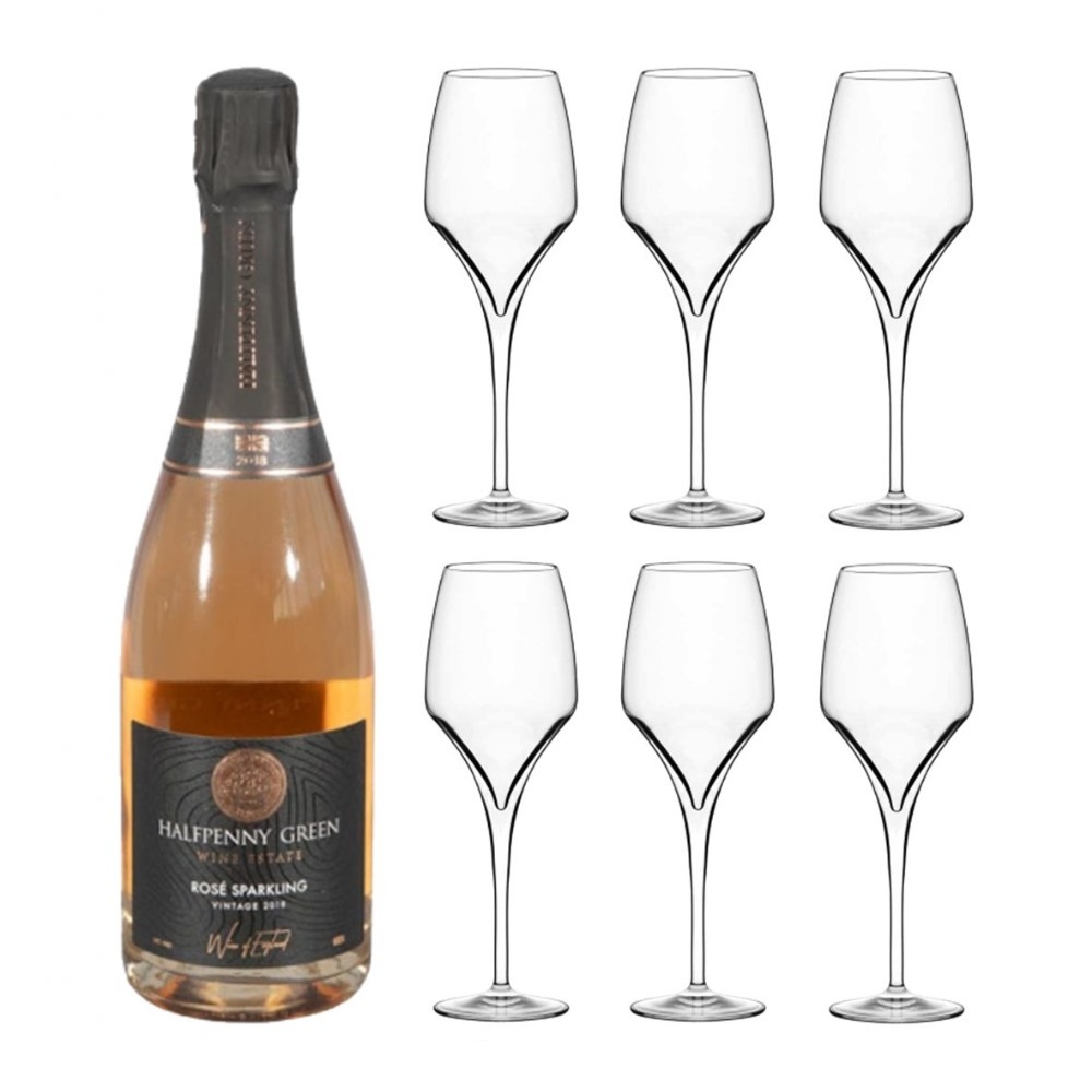 Tiburon Gran Cru Flute 380cc - Set Of 6 With A Bottle Of British Halfpenny Green Sparkling Rose 2018