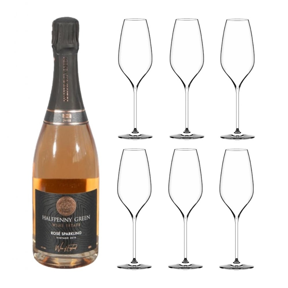 Richard Juhlin Optimum Flute 290cc - Set Of 6 With A Bottle Of British Halfpenny Green Sparkling Rose 2018