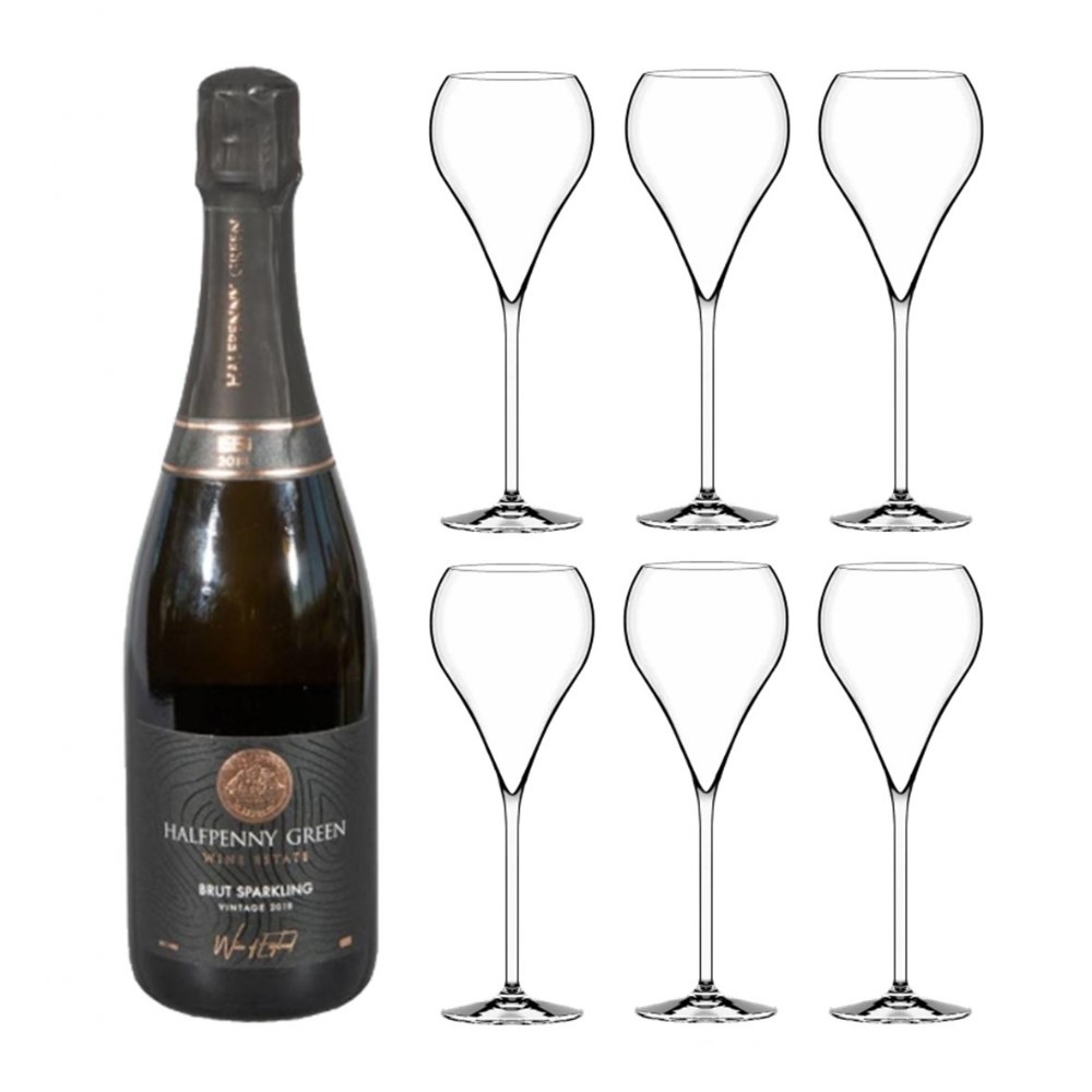 Balloon Flute 210cc - Set Of 6 With A Bottle Of British Halfpenny Green Brut Sparkling White 2018