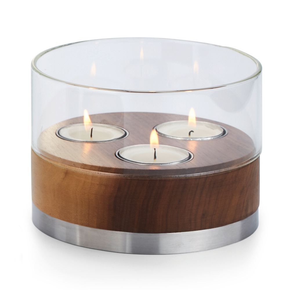 Philippi Julie Votive For 3 Tealights In Walnut Wood Stainless Steel And Glass