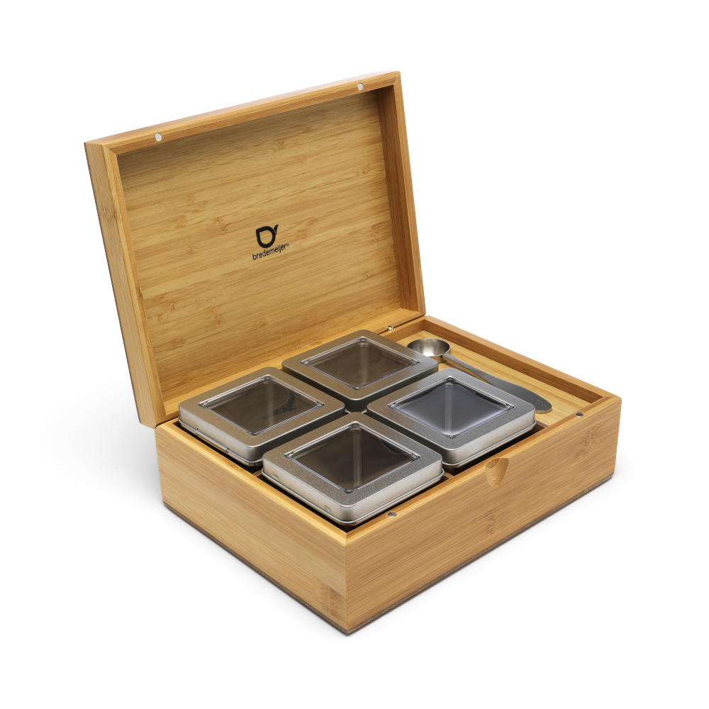Bredemeijer Bredemeijer Tea Box In Bamboo With 4 Aluminium Canisters And A Tea Measuring Spoon No Window In Lid In Natural