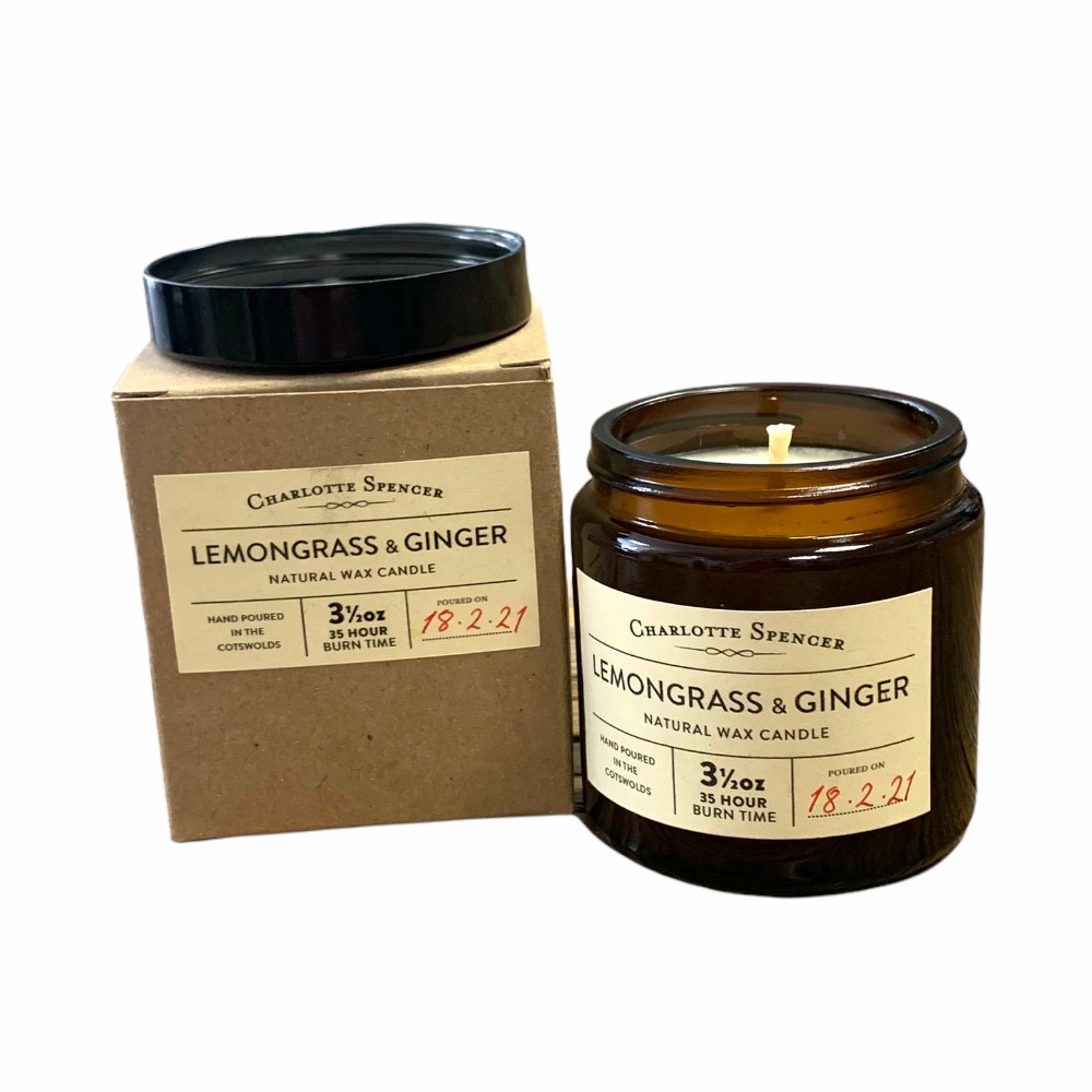 Charlotte Spencer Candle Lemongrass & Ginger Scent Natural Wax 35 Hrs Burn Time