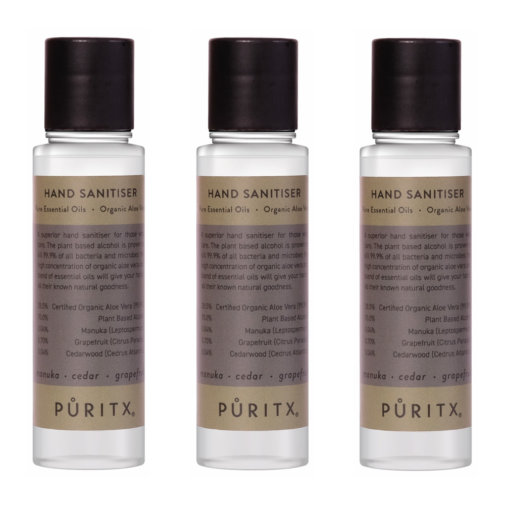 Puritx Set Of 3 Organic Manuka Cedar & Grapefruit Essential Oils & Aloe Vera Vegan Hand Sanitiser 60ml Travel Size