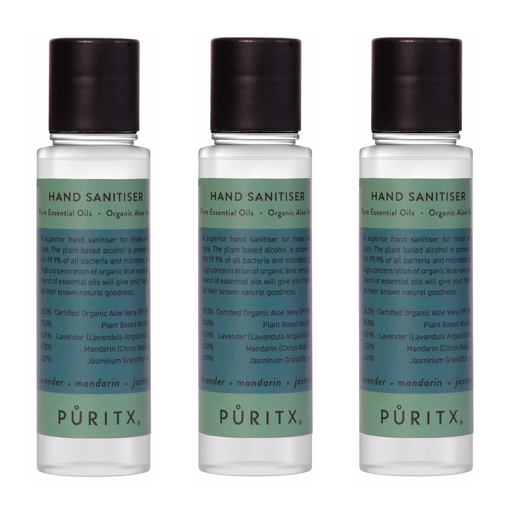 Puritx Set Of 3 Organic Lavender Mandarin & Jasmine Essential Oils & Aloe Vera Vegan Hand Sanitiser 60ml Travel Size