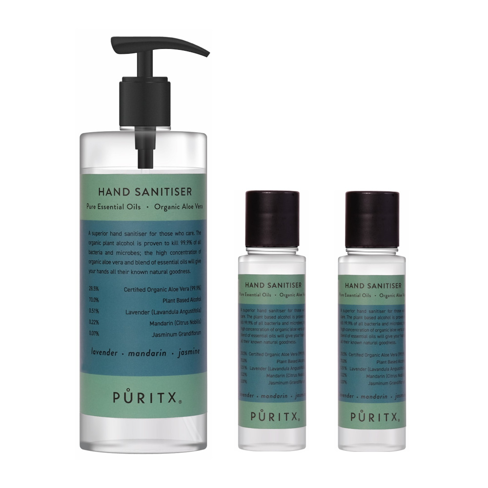 Puritx Organic Lavender Mandarin & Jasmine Essential Oils & Aloe Vera Vegan Hand Sanitisers 1x250ml Pump & 2x60ml Travel Size