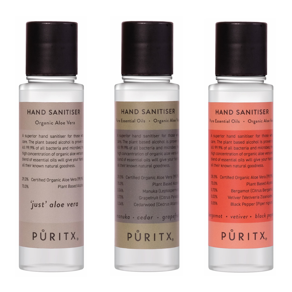 Puritx Set Of 3 Organic Spicy Mixed 60ml Travel Size Essential Oils & Aloe Vera Vegan Hand Sanitisers